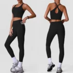Wholesale ODM/OEM 2PCS Ladies Yoga Pilates Outfits Fitness Active Wear for Woman, Cute Padded Cross Back Sports Tank Tops + Running Leggings with Side Pocket