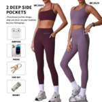 Wholesale ODM/OEM 2PCS Ladies Yoga Pilates Outfits Fitness Active Wear for Woman, Cute Padded Cross Back Sports Tank Tops + Running Leggings with Side Pocket
