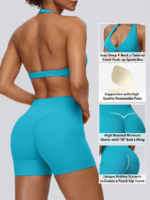 Wholesale Premium and Attractive Workout Set for Women, 2 PCS Backless Halter Sports Bra + High Waist Yoga Shorts with Hidden Scrunch Sexy V Neck Gym Outfits