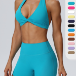 Wholesale Premium and Attractive Workout Set for Women, 2 PCS Backless Halter Sports Bra + High Waist Yoga Shorts with Hidden Scrunch Sexy V Neck Gym Outfits