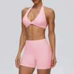 Wholesale Premium and Attractive Workout Set for Women, 2 PCS Backless Halter Sports Bra + High Waist Yoga Shorts with Hidden Scrunch Sexy V Neck Gym Outfits