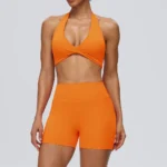 Wholesale Premium and Attractive Workout Set for Women, 2 PCS Backless Halter Sports Bra + High Waist Yoga Shorts with Hidden Scrunch Sexy V Neck Gym Outfits