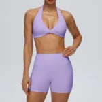 Wholesale Premium and Attractive Workout Set for Women, 2 PCS Backless Halter Sports Bra + High Waist Yoga Shorts with Hidden Scrunch Sexy V Neck Gym Outfits