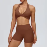 Wholesale Premium and Attractive Workout Set for Women, 2 PCS Backless Halter Sports Bra + High Waist Yoga Shorts with Hidden Scrunch Sexy V Neck Gym Outfits