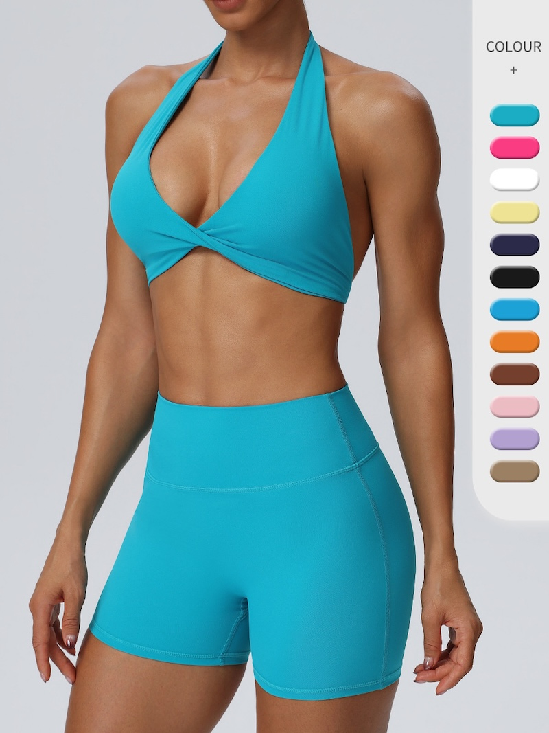 Wholesale Premium and Attractive Workout Set for Women, 2 PCS Backless Halter Sports Bra + High Waist Yoga Shorts with Hidden Scrunch Sexy V Neck Gym Outfits Wholesale Premium and Attractive Workout Set for Women, 2 PCS Backless Halter Sports Bra + High Waist Yoga Shorts with Hidden Scrunch Sexy V Neck Gym Outfits