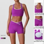 Wholesale Two Piece Color Blocking Workout Sets for Women, Matching Square Neck Sports Bra with Cross Waist Booty Lifting Yoga Shorts Gym Outfits Activewear