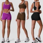 Wholesale Two Piece Color Blocking Workout Sets for Women, Matching Square Neck Sports Bra with Cross Waist Booty Lifting Yoga Shorts Gym Outfits Activewear