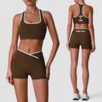 Wholesale Two Piece Color Blocking Workout Sets for Women, Matching Square Neck Sports Bra with Cross Waist Booty Lifting Yoga Shorts Gym Outfits Activewear