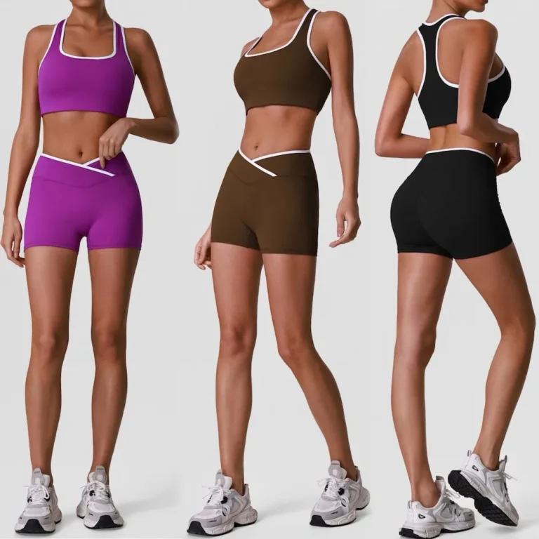 Wholesale Two Piece Color Blocking Workout Sets for Women, Matching Square Neck Sports Bra with Cross Waist Booty Lifting Yoga Shorts Gym Outfits Activewear