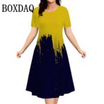 Women Plus Size Summer Dresses 3D Gradient Printed Short Sleeve Loose A-Line Dress Oversized Women Clothing Elegant Ladies Dress