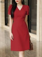 Women Smmer Dress Stylish A Line Dresses Elegant OL Work Sundress ZANZEA Fashion Short Sleeve Slim Fit Party Vestidos Female