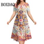 Women Summer Dress Retro Ethnic Round Neck Short Sleeve Floral 3D Printed Loose Plus Size Women Dresses Vestidos Fashion Clothes