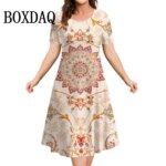 Women Summer Dress Retro Ethnic Round Neck Short Sleeve Floral 3D Printed Loose Plus Size Women Dresses Vestidos Fashion Clothes