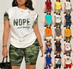 Women Two Piece Short Sets Print Pin Round Neck Tops Pullover Shirts Shorts Elastic Waist Pants Ladies Casual 2023 Summer