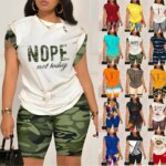 Women Two Piece Short Sets Print Pin Round Neck Tops Pullover Shirts Shorts Elastic Waist Pants Ladies Casual 2023 Summer