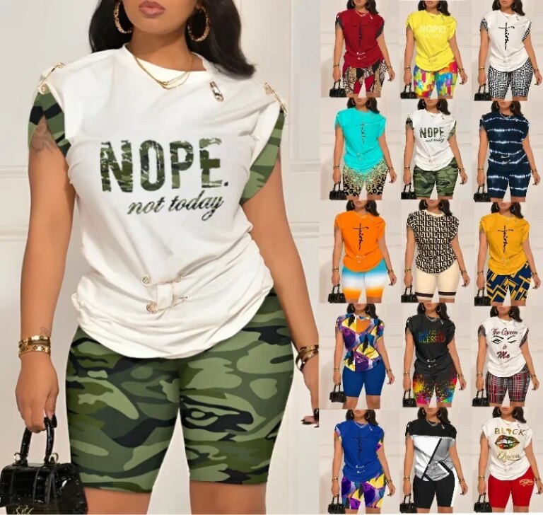 Women Two Piece Short Sets Print Pin Round Neck Tops Pullover Shirts Shorts Elastic Waist Pants Ladies Casual 2023 Summer