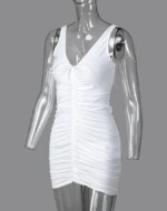 Womens Dresses 2024 Summer Fashion V-Neck Drawstring Ruched Backless Sexy Plain Sleeveless Bodycon Mini Night Out Dress