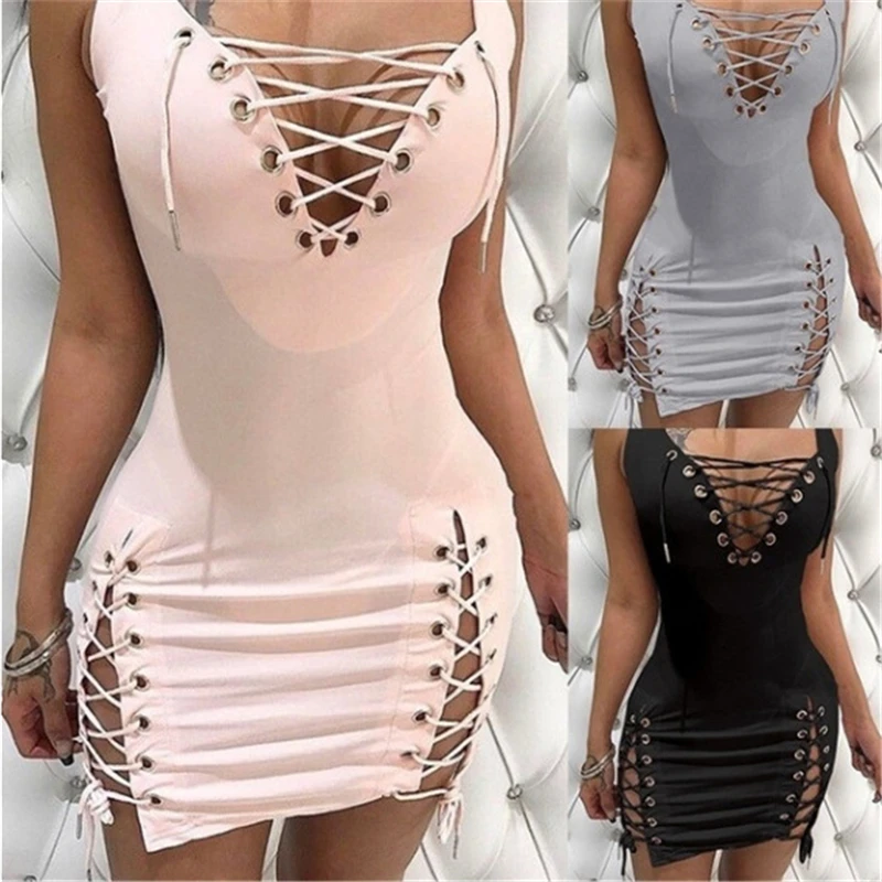 Womens Dresses 2025 New Summer Solid Color Deep V-neck Sexy Slim Fit Eyelet Lace Up Sleeveless Casual Daily Mini Dress Womens Dresses 2025 New Summer Solid Color Deep V-neck Sexy Slim Fit Eyelet Lace Up Sleeveless Casual Daily Mini Dress