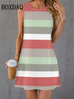 Women's Summer Casual Striped Long T-Shirt Dresses Sleeveless Round Neck Beach Loose Casual Vacation Short Tank Dress Sundress