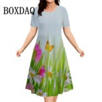 Women's Summer Flower Printed Short Sleeve Dress 2026 New Fashion Plus Size Loose Casual Retro Women's Mini Dress 9XL Clothing