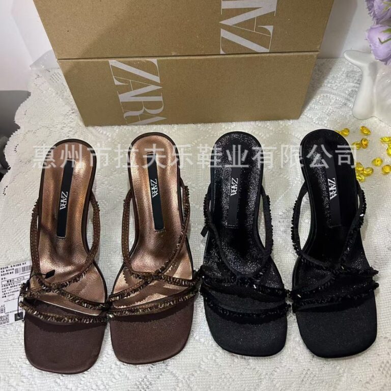 ZA Spanish summer new women's shoes brown glossy beaded rhinestone high-heeled sandals women's fashion stiletto sandals