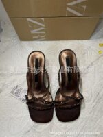 ZA Spanish summer new women's shoes brown glossy beaded rhinestone high-heeled sandals women's fashion stiletto sandals