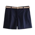 ZR Foreign Trade Wholesale European and American Style Women's Clothing Fashion Solid Color Belt High Waist Straight Casual Shorts 8372104