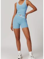Cross-border cross-over high-waist sports suit for women with contrasting color micro-horn yoga suit running fitness yoga suit 8843