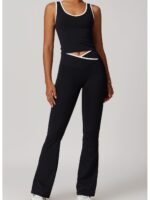Cross-border cross-over high-waist sports suit for women with contrasting color micro-horn yoga suit running fitness yoga suit 8843