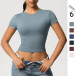 Cross-border double-sided nylon casual tight-fitting quick-drying Pilates top yoga wear short-sleeved running fitness sports T-shirt