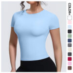 Cross-border new sports nude waist slimming short-sleeved breathable yoga wear T-shirt running training fitness tops for women