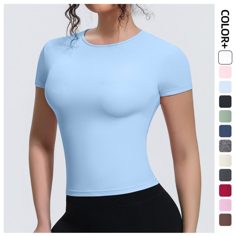 Cross-border new sports nude waist slimming short-sleeved breathable yoga wear T-shirt running training fitness tops for women