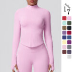 Cross-border seamless solid color tight-fitting high-elastic breathable stand-up collar zipper jacket sports running fitness yoga wear tops for women