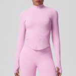 Cross-border seamless solid color tight-fitting high-elastic breathable stand-up collar zipper jacket sports running fitness yoga wear tops for women