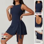 Fake two-piece anti-exposure tight-fitting sports dress with slim straps for casual fitness and beautiful back yoga tennis skirt 8793