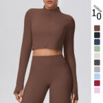 New cross-border solid color brushed zipper short long-sleeved jacket yoga wear sports running fitness yoga top for women