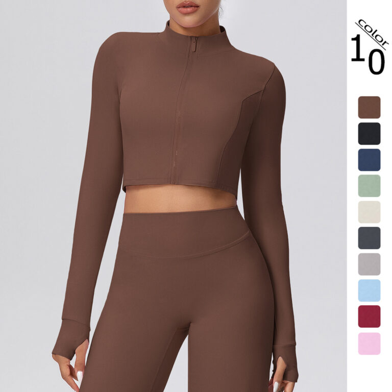 New cross-border solid color brushed zipper short long-sleeved jacket yoga wear sports running fitness yoga top for women