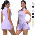New cross-border solid color lapel vest breathable fake two-piece pleated skirt suit sports running fitness yoga wear
