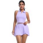 New cross-border solid color lapel vest breathable fake two-piece pleated skirt suit sports running fitness yoga wear