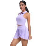 New cross-border solid color lapel vest breathable fake two-piece pleated skirt suit sports running fitness yoga wear
