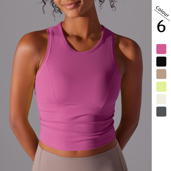 New double-sided nylon solid color tight-fitting belly-covering round-neck sports vest running fitness yoga wear long top for women