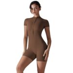 New European and American summer zipper short-sleeved shorts yoga jumpsuit for women dance fitness tight sports jumpsuit