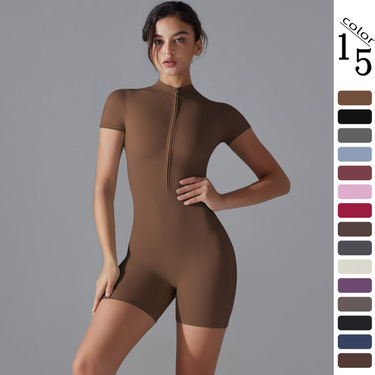New European and American summer zipper short-sleeved shorts yoga jumpsuit for women dance fitness tight sports jumpsuit