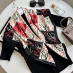 New fashionable and versatile khaki geometric print imitation silk feel curled light luxury style big brand high-end silk scarf