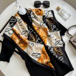 New fashionable and versatile khaki geometric print imitation silk feel curled light luxury style big brand high-end silk scarf