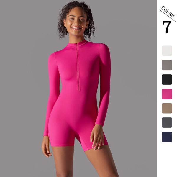 New solid color zipper open collar tight high elastic jumpsuit sports fitness running three-point jumpsuit yoga wear