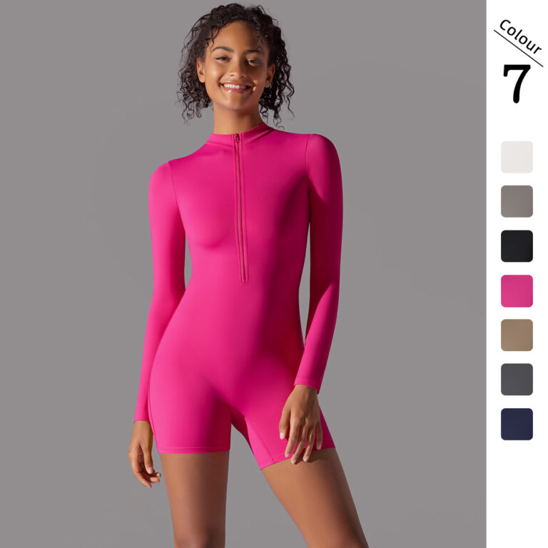 New solid color zipper open collar tight high elastic jumpsuit sports fitness running three-point jumpsuit yoga wear