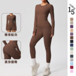 Spot cross-border double-sided brushed solid color tight training long-sleeved yoga suit sports running fitness two-piece set