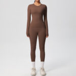 Spot cross-border double-sided brushed solid color tight training long-sleeved yoga suit sports running fitness two-piece set