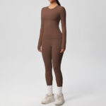 Spot cross-border double-sided brushed solid color tight training long-sleeved yoga suit sports running fitness two-piece set